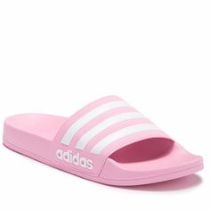 Size 4, Fits A Size 6 In Women. True Pink And White Slides. Open Toe Stripe Print Vamp Logo Detail Slip-On Adidas Slide Sandals For Spring, Adidas Slip-on Sandals For Summer, Adidas Open Toe Sandals For Vacation, Adidas Open Toe Slides For Spring, Spring Adidas Open Toe Slides, Adidas Spring Open Toe Slides, Sporty Slide Slippers For Spring, Sporty Synthetic Slippers For Spring, Adidas Slide Flip Flops For Summer