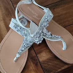 Nwt Rhinestone Sandals Madeline Stuart, Dressy Sandals, Zipper Heels, Tan Sandals, Beaded Sandals, Rhinestone Sandals, T Strap Sandals, Rhinestone Studs, Fashion Sandals