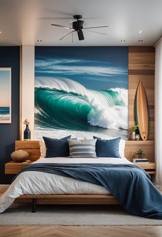 a bedroom with a large painting on the wall and a surfboard in the corner