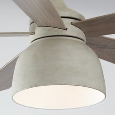 a ceiling fan with two wooden blades and a light fixture on the top of it