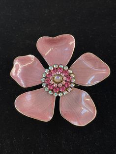 Pretty Liz Paiacios San Francisco Enameled Rhinestone Brooch Flower Large size 2-3/4 Inches across. Excellent condition. Pink Flower Enamel Brooch, Pink Flower Enamel Pin, Floral Enamel Brooch Pin, Enamel Flower Brooch Pin, Flower Shaped Enamel Brooch, Flower Shaped Enamel Brooch Pin, Flower Shaped Enamel Pin, Brooch Flower, Gold Angel Wings