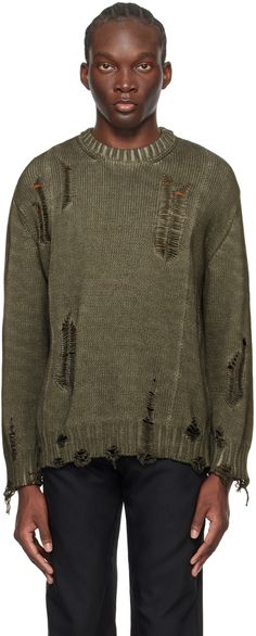 Garment-dyed knit cotton sweater. Distressing and fading throughout. · Paneled construction · Rib knit crewneck, hem, and cuffs · Dropped shoulders Supplier color: Ash Juun J, Distressed Sweater, Distressed Sweaters, Bags For Men, Original Characters, Streetwear Men, Streetwear Men Outfits, Knit Crewneck, Knitted Pullover Sweaters