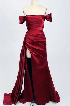 Red Satin Off-the-Shoulder Mermaid Long Prom Dress with Slit Silk Red Dress Long, Red Prom Dress Off The Shoulder, Empire Waist Dress Prom, Dark Red Prom Dresses Long, Blood Red Prom Dress, Dark Red Satin Dress, Corset Red Dress, Red Dress Off The Shoulder, Dark Red Prom Dress