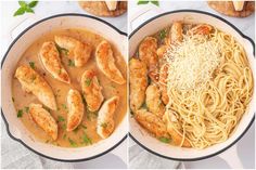 two pictures of pasta and shrimp in sauce