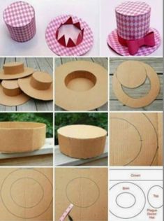 the steps to make an origami hat with paper and ribbon on it, including instructions