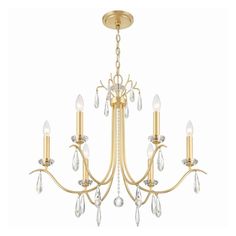 a gold chandelier with crystal drops hanging from it's center and four arms