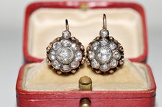 Antique Circa 1900s 10k Gold Natural Rose Cut Diamond Decorated Earring  In very good condition. Total weight is 5.6 grams. Totally is diamond 1.20 ct. The diamond is has H-I-J-K color and vs-s1-s2-s3 clarity. Acid tested to be 10k real gold. Please contact for any questions. Victorian Style Diamond Earrings For Formal Occasions, Victorian Diamond Earrings With Accents For Anniversary, Vintage Diamond Earrings With Accents For Anniversary, Vintage Gold Diamond Earrings, Vintage Diamond Earrings With Accents, Victorian Round Diamond Earrings For Wedding, Vintage Yellow Gold Diamond Earrings For Wedding, Vintage Diamond Earrings As Gift, Vintage Yellow Gold Diamond Earrings With 17 Jewels