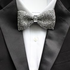 Add bling to your outfit with this beautiful pre-tied and adjustable double-deck (tiered) bow tie.  Rhinestone crystal beaded bow tie that can be adjustable for necksizes from 13 inches through 20 inches wide.  Bow dimensions 2.5 inches by 4.5 inches. Bow Tie Men's Outfit, Beaded Bow Tie, Silver Bow Tie, Dinner Jackets, Tuxedo Bow Tie, Groom Bowtie, Suit Combinations, Tuxedo Accessories, Beaded Bow