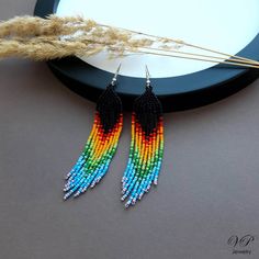 Colorful long seed beaded earrings, boho beaded earrings, shoulder dusters Black Beaded Earrings, Boho Beaded Earrings, Seed Beaded Earrings, Beadwork Earrings, Earrings Chandelier, Dusters, Black Seed, Seed Bead Earrings, Earrings Boho