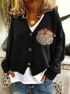 Sheep Print Crew Neck Casual Sweatshirt Jewel Art, Plain Cardigan, Cheap Cardigans, Grey Polo Shirt, Fuzzy Cardigan, Queen Shirts, Mode Casual, Cozy Knit, Cardigan Sweaters For Women