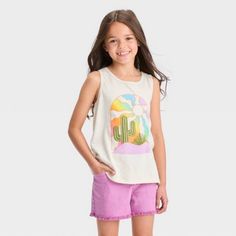 Nwt - Cat & Jack - Girls Graphic Tank Top Relaxed Fit Tops For Spring Playwear, Playful Cotton Tank Top For Spring, Relaxed Fit Tops For Summer Playwear, Cute Multicolor Cotton Tank Top, Summer Tops For Playwear With Relaxed Fit, Relaxed Summer Tops For Playwear, Casual Tank Top For Spring Playwear, Playful Sleeveless T-shirt For Summer, Playful Sleeveless Summer T-shirt