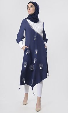 Superb Front Hand Work With Tassels Detailing Tunic - EastEssence.com Long Sleeve Tunic With Embroidered Hem, Traditional Long Sleeve Tunic With Embroidered Hem, Long Sleeve Tunic For Eid, Traditional Long Sleeve Tunic For Fall, Casual Long Sleeve Tunic For Eid, Kids Abaya, Yoke Design, Knife Pleat, Blue Weave