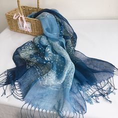 100% linen scarf in natural colors is perfect for all seasons - cool in summer and comfortable in the fall. It's lightweight, soft, and has a beautiful pattern with delicate twisted tassel ends. -100% light weight linen - Hand died, color and pattern may vary slightly -Rectangle: 185*60cm/73*24 inch without tassels -Three color/patterns: * Blue totem * Blue flax flowers * Blue Dots in frame Care: Hand wash in 80F/30C degrees water. Dry flat. Linen softens with washing. Don't dry clean. Don't tum Tight Blue Dress, Linen Camisole, Scarf With Tassels, Linen Shawl, Women Chiffon Blouse, Linen Pattern, Blue Shawl, White Slip Dress, Linen Scarf