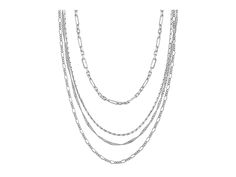 Sterling Forever Multi Chain Layered Necklace - Necklace : Silver : Add a touch of shimmer and elegance to your ensemble with the Sterling Forever Multi Chain Layered Necklace. This layered sterling silver chain link necklaces. Available in gold or silver tones. Lobster clasp closure. Imported. Measurements: • Length: 13-18 in chains with 2 in extender Elegant Silver Layered Figaro Chain Necklace, Silver Double Strand Figaro Chain Jewelry, Silver Figaro Chain Necklace For Layering, Multi-strand Figaro Chain Necklace, Layered Necklace Silver, Chain Layered Necklace, Chain Link Necklace Silver, Layered Necklaces Silver, Herringbone Necklace