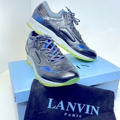 Brand New With Box And Dust Bag No Tags / Black Leather With Metallic Blue Lanvin Paris Shoes, Lanvin Shoes, Paris Luxury, Metallic Blue, Lanvin, Mens Shoes Sneakers, Leather Sneakers, Low Top, Men's Shoes