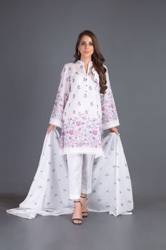 Bareeze Salsame Range Bnl1048 White Dress Long Sleeve Cotton Dress With Dabka Work, Summer Cambric Dresses With Dabka Work, Summer Cambric Dresses With Printed Motifs, Spring Cambric Dress With Printed Motifs, White Naqshi Kurta For Spring, Cotton Dress With Dabka Work For Eid, Summer Anarkali Cambric Dress, Spring Cambric Dress With Dupatta, Spring Dresses In Cambric With Resham Embroidery