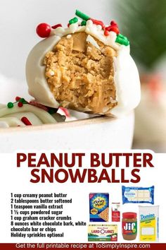 an advertisement for peanut butter snowballs on a plate