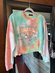 Make a statement with this Dreamer World Tour America tie dye long sleeve graphic tee! It's the perfect way to show off your sense of wanderlust and fashion savvy! Pink & yellow OR green & blue. Spring Graphic Tee With Multicolor Print, Multicolor Printed Graphic Tee, Urban Multicolor Graphic T-shirt, Multicolor Graphic Tee T-shirt, Soft-washed Multicolor Graphic Tee, Head Wrap Scarf, Denim Skirt Women, Tie Dye Long Sleeve, Jean Leggings