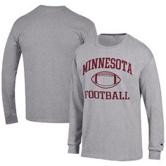 Showcase your unrelenting devotion to the Minnesota Golden Gophers with this Football Icon tee. Constructed by Champion, this shirt features bold Minnesota Golden Gophers graphics printed across the chest. The soft cotton/polyester blend and classic T-shirt design will ensure you stay comfortable all day long. Athletic Heather Long Sleeve T-shirt With Letter Print, Fall Fan Apparel T-shirt With Logo Print, Long Sleeve T-shirt With Logo Print For Game Day, Tri-blend Graphic Print Tops For Fan Gear, Collegiate Long Sleeve T-shirt For Football Season, Collegiate Long Sleeve T-shirt For Fans, Collegiate Long Sleeve Graphic Print T-shirt, Collegiate Long Sleeve T-shirt With Graphic Print, Fan Gear Long Sleeve T-shirt With Graphic Print