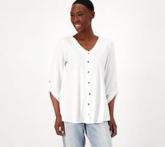 Just right for casual or more formal settings, this button-front top pairs perfectly with jeans, trousers, or capris. From Susan Graver. Chic V-neck Top With Button Closure, Solid Stretch Button-up Tops, Spring Stretch Tops With Buttons, Elegant Stretch Tops With Button Closure, Relaxed Fit V-neck Blouse With Buttons, Relaxed Fit V-neck Top With Button Closure, Trendy Stretch Tops For Business Casual, Spring Stretch Blouse For Business Casual, Chic Stretch Button-up Tops