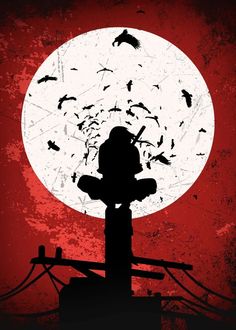 the silhouette of a person sitting in front of a full moon with birds flying around