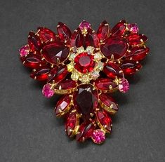 "Gorgeous Vintage Art Deco Juliana Large Red Rhinestone Crystal Brooch good pre/owned condition measures 2 5/8\"  perfect to add in your collection." Red Formal Costume Jewelry Brooches, Red Rhinestone Brooches For Wedding, Red Rhinestone Wedding Brooches, Formal Red Rhinestones Brooches, Formal Red Rhinestone Brooch, Vintage Moon, Wide Cuff Bracelets, Crystal Brooch, Wide Cuff