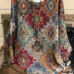 Olivia Mark - Womens Plus Size Boho T-shirt with Allover Print, Long Sleeve, Round Neck, Medium Stretch Plus Size Long Sleeve Tops, Long Sleeve Tees Women, Blouse Online, Women Shirts Blouse, Boho Tops, Blouse Styles, Plus Size Tops, Geometric Print, Plus Clothing