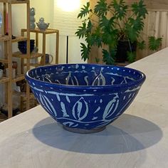 a blue and white bowl sitting on top of a counter next to a potted plant