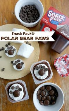 snack pack for polar bear paws on a plate with chocolate chips and marshmallows