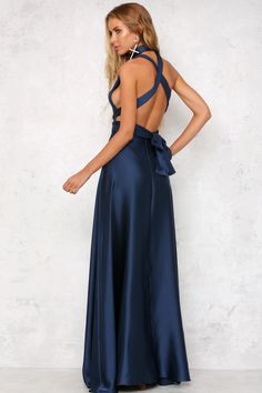 V-neck Satin Dress With Tie Back For Night Out, Satin V-neck Halter Dress For Evening, Satin Maxi Dress With Tie Back, Elegant Satin Cross Back Dress, V-neck Backless Dress With Tie Back For Prom, V-neck Tie Back Halter Dress For Date Night, Backless Satin Halter Dress With Back Opening, V-neck Halter Dress With Tie Back For Date Night, V-neck Halter Dress With Back Opening For Date Night