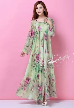 29 Colors Chiffon Flower 2015 Spring Long Sleeve by CHARMINGDIY Green Bohemian Chiffon Dress With Floral Print, Green Bohemian Floral Print Chiffon Dress, Green Floral Print Chiffon Dress For Garden Party, Green Chiffon Floral Print Dress, Summer Green Floral Print Chiffon Dress, Green Bohemian Chiffon Dress For Spring, Green Floor-length Chiffon Wedding Dress, Green Chiffon Spring Dress, Green Chiffon Dress For Garden Party