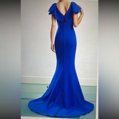 Questions? Leave A Comment Below! Blue V-neck Evening Dress With Sweep Train, Blue Chiffon Evening Dress For Prom Season, Blue Evening Dress For Prom, Royal Blue Evening Dress With Sweep Train, Elegant Blue Evening Gown, Blue Evening Dress With Sweep Train And Fitted Bodice, Blue Evening Dress With Sweep Train For Gala, Royal Blue V-neck Formal Gown, Elegant Blue Evening Dress For Prom