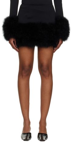 Stretch viscose- and nylon-blend jersey skirt. · Turkey feather trim at hem · Zip closure at back · Full voile lining Supplier color: Black Trim: 100% turkey feathers. Fur Trim Skirt, Feather Trim Skirt, Feather Skirt, Turkey Feathers, Jersey Skirt, Feather Trim, Paris Outfits, Black Mini Skirt, Powder Pink