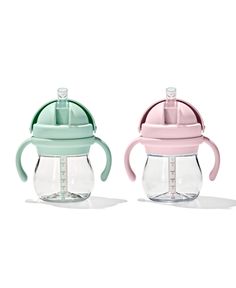 two glass baby bottles with lids and handles