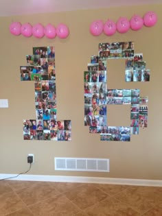 the number fifteen is decorated with photos and balloons