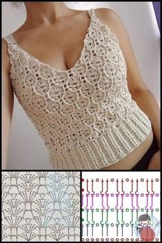 a woman wearing a white top with crochet on the bottom and an image of a