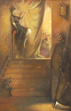 a painting of a woman sitting on top of a stair case next to a skeleton