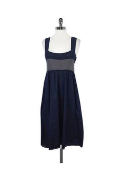 Current Boutique-Theory - Navy Blue Crochet Strap Cotton Dress Sz L Elegant Cotton Sundress For Beach, Elegant Cotton Sundress For The Beach, Blue Cotton Summer Sundress, Blue Cotton Sundress For Summer, Elegant Blue Cotton Sundress, Blue Sundress For Daywear In Summer, Navy Casual Beach Dress, Navy Beach Dress For Summer, Casual Navy Summer Dress