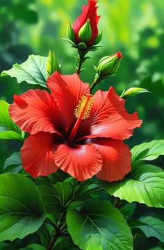 a red flower with green leaves in the background