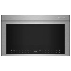 a stainless steel microwave oven with the door open and buttons on it's side