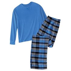 This 2-Piece Set Includes A Solid Blue, Soft Knit Top And Blue Plaid Flannel Pants With A Drawstring Elasticized Waist For Comfort. Machine Wash. Polyester; Imported. Inseam Length 31". Choose Men's Waist Size: M(32-34), L(36-38), Xl(40-42), Xxl(44-46). Blue Casual Sets For Fall, Plaid Cotton Loungewear Sets, Blue Long Sleeve Sleepwear For Fall, Casual Blue Winter Sets, Casual Blue Long Sleeve Sets, Winter Sleep Bottoms In Blue, Casual Blue Sleep Sets, Casual Long Sleeve Blue Sleepwear, Blue Winter Sleep Bottoms