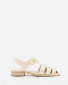 Nelly Studded Leather Sandals Parchment White | ALLSAINTS US Small Heel Shoes, Mens Leather Accessories, Fisherman Style, Shoes Classic, Leather Jacket Black, Studded Leather, Leather Belts, All Saints, Summer Season