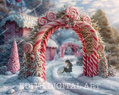 a christmas scene with candy canes, trees and a child in the snow under an arch