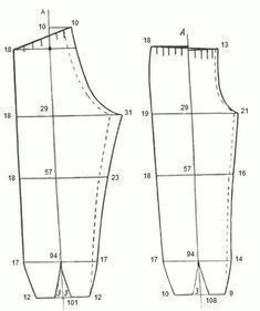 an image of the front and back view of a pants pattern, with measurements for each side