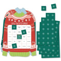 ugly sweater bingo game is shown in green and red with snowflakes on it