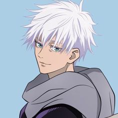 an anime character with white hair and blue eyes, wearing a gray cloak over his shoulders