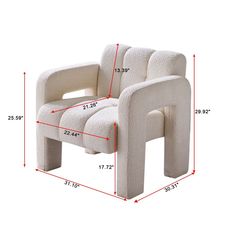 a white chair with measurements for the seat and armrests, including two legs