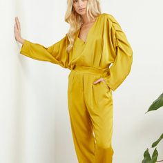 Satin Evening Jumpsuit - Eurockk.com Elegant Yellow Jumpsuits And Rompers For Work, Elegant Yellow Jumpsuits For Workwear, Elegant Yellow Long Sleeve Jumpsuit/romper, Elegant Yellow Long Sleeve Jumpsuit, Evening Jumpsuit, Gold Satin, Other Colors, In Italy, Jumpsuit