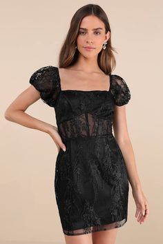 If you intend to blow everyone away with your sweetness, the Lulus Seriously Cute Black Embroidered Mesh Puff Sleeve Mini Dress is the perfect pick! Intricate floral embroidery adorns mesh fabric as it shapes this adorable dress that features a princess-seamed bodice, a trendy square neckline, and puff sleeves (with elastic at the shoulder and cuffs). The flattering, set-in waist is composed of sheer mesh panels and supportive boning, all atop a figure-flaunting, bodycon mini skirt. Sheer mesh b Fitted Organza Dress With Lace Patchwork, Lace Puff Sleeve Party Dress, Floral Embroidered Square Neck Dress For Party, Floral Embroidered Square Neck Party Dress, Square Neck Dress With Floral Embroidery For Party, Party Dress With Floral Embroidery And Square Neck, Square Neck Floral Embroidery Party Dress, Fitted Lace Mini Dress With Puff Sleeves, Fitted Mini Dress With Floral Embroidery And Sweetheart Neckline