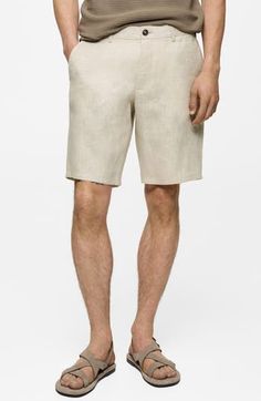 Breathable linen means easy comfort in these slim-fit Bermuda shorts with easy appeal. Zip fly with button closure Front slant pockets; coin pocket; back button-welt pockets 100% linen Machine wash, line dry Imported Classic Linen Bermuda Shorts For Summer, Beige Bottoms With Welt Pockets For Summer, Summer Linen Bottoms In Neutral Color, Relaxed Fit Linen Bermuda Shorts For Workwear, Casual Business Shorts For Summer, Business Casual Neutral Linen Bottoms, Beige Shorts With Welt Pockets For Spring, Casual Neutral Linen Shorts, Neutral Linen Bottoms For Business Casual